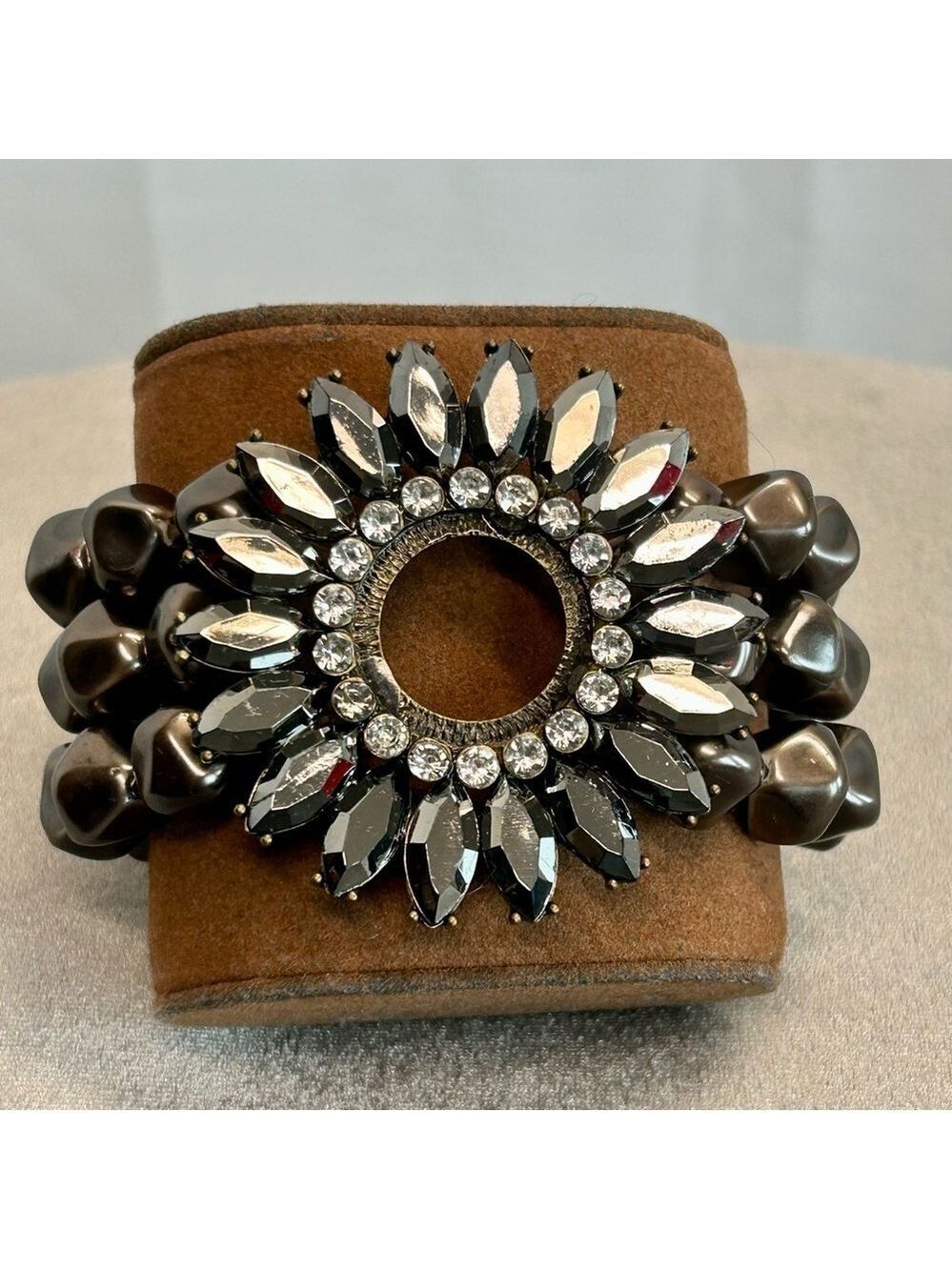 Dark charcoal grey chrome coloured beaded crystal rhinestone flower bracelet